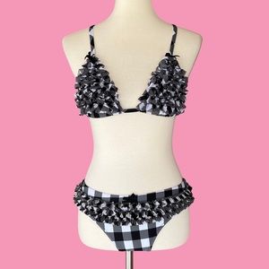 Betsey Johnson Black and White Gingham Ruffled String Bikini (size small)